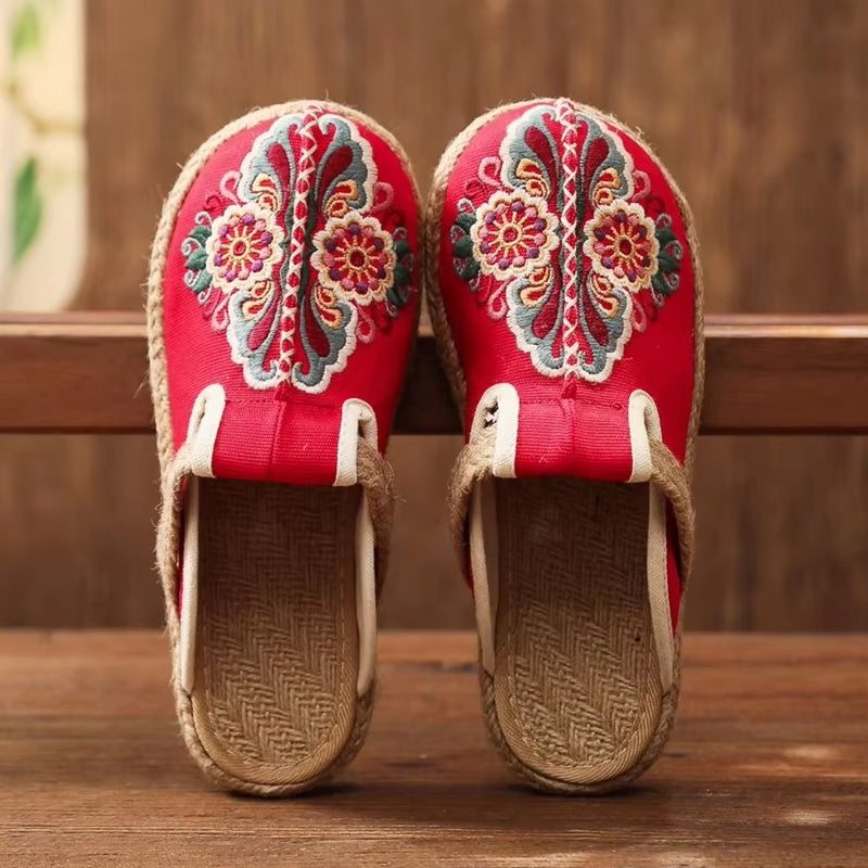 Women Casual Linen Handmade Embroidery Mules Flat Slippers Slippers - Tophatter Daily Deals