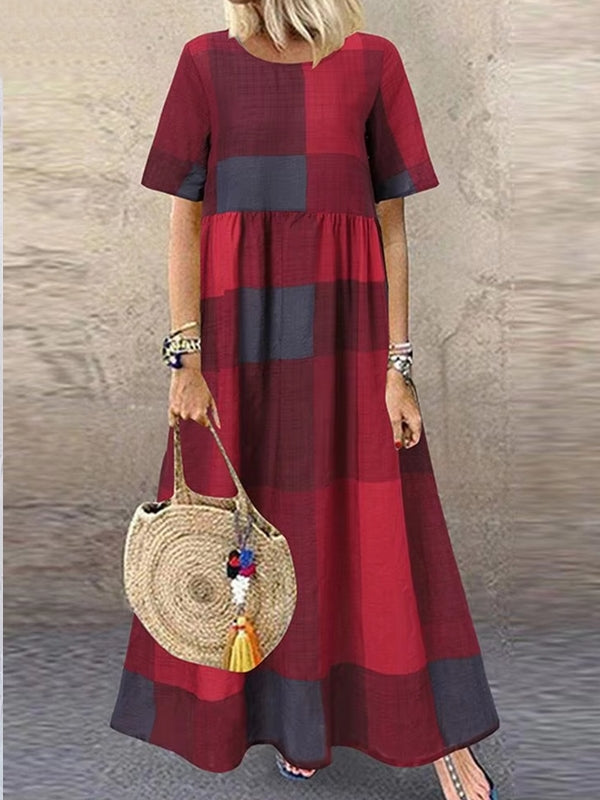 Casual Round Neck Plaid Printed Long Dress Maxi Dresses - Tophatter Daily Deals