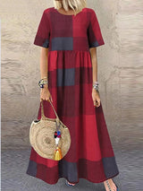 Casual Round Neck Plaid Printed Long Dress Maxi Dresses - Tophatter Daily Deals