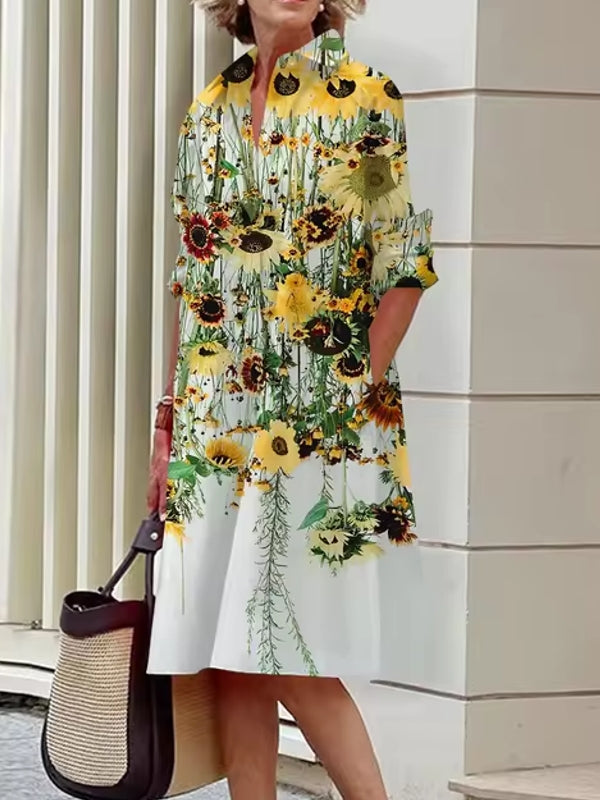 Elegant Women's Floral Pattern Shirt Dress Yellow Midi Dresses - Tophatter Daily Deals