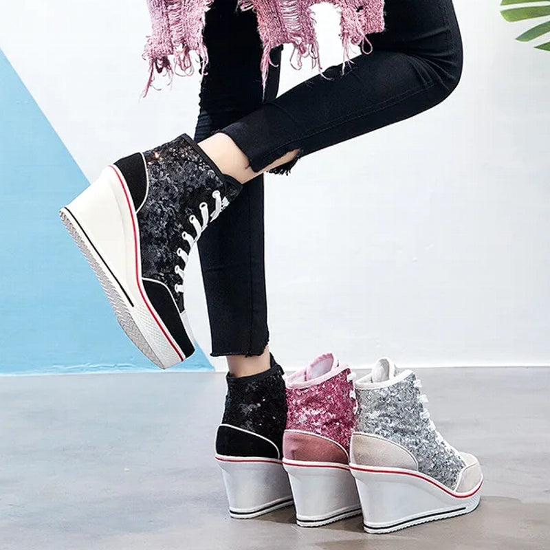 Glitter Sequins High Top Women Height Increasing Wedges Shoes High Heel Sneaker - Tophatter Daily Deals