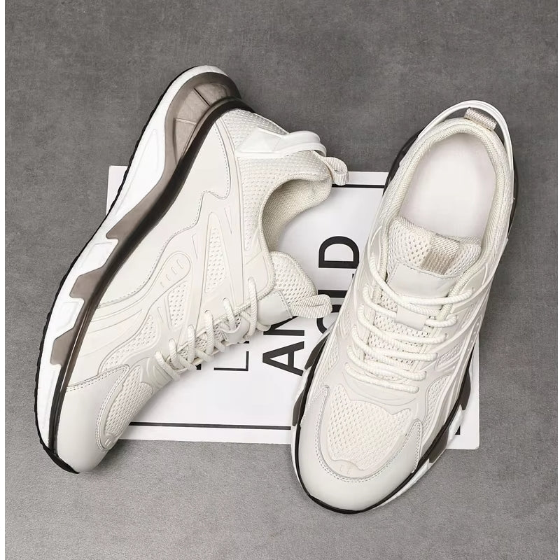 Unisex Cowhide Casual Height Increasing Shoes White High Heel Sneaker - Tophatter Daily Deals