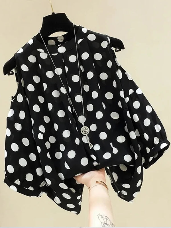 Black Polka Dot Vintage O-Neck Top Black Blouses - Tophatter Daily Deals