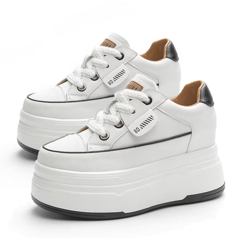 Cow Suede Genuine Leather Platform Shoes 9cm White High Heel Sneaker - Tophatter Daily Deals