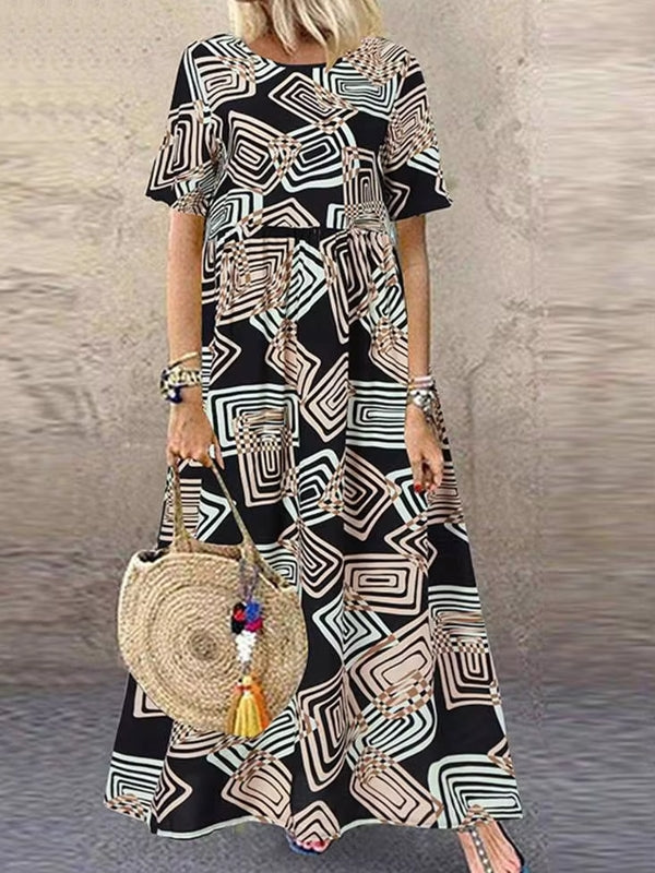 Geometric Printed Dress Robe Bohemian Maxi Long Dresses Beige Maxi Dresses - Tophatter Daily Deals