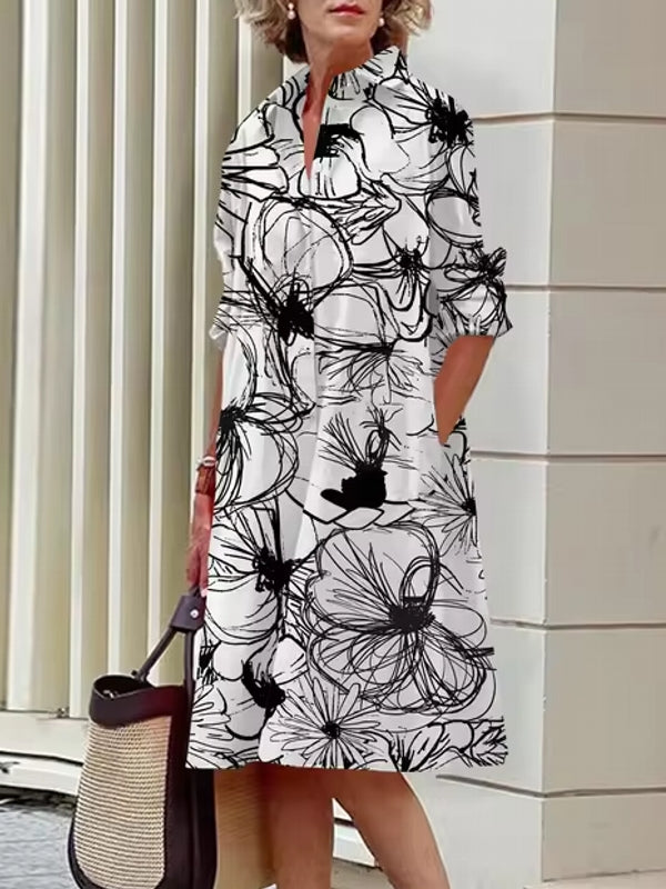 Floral Shirt Lapel Collar Midi Dress White Midi Dresses - Tophatter Daily Deals