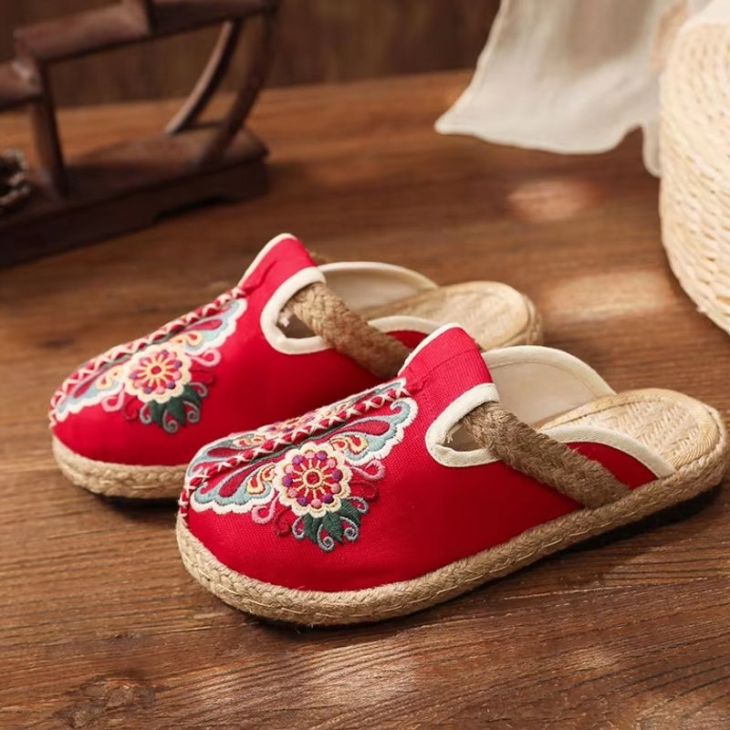 Women Casual Linen Handmade Embroidery Mules Flat Slippers Slippers - Tophatter Daily Deals