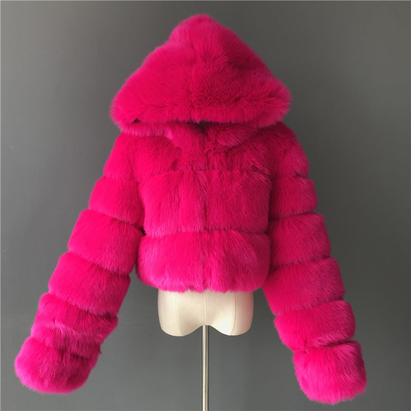 Women Fluffy Top Coat Hooded Straight Short Rose Pink Jacket - Tophatter Daily Deals
