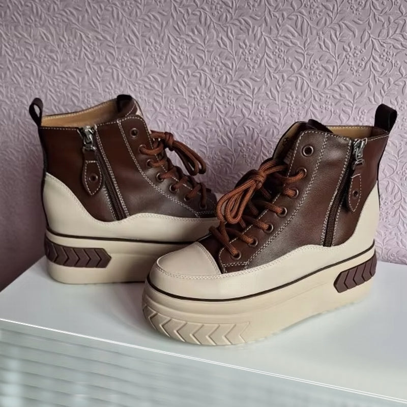 Women Shoes Genuine Leather 8cm Zip Boots Brown High Heel Sneaker - Tophatter Daily Deals