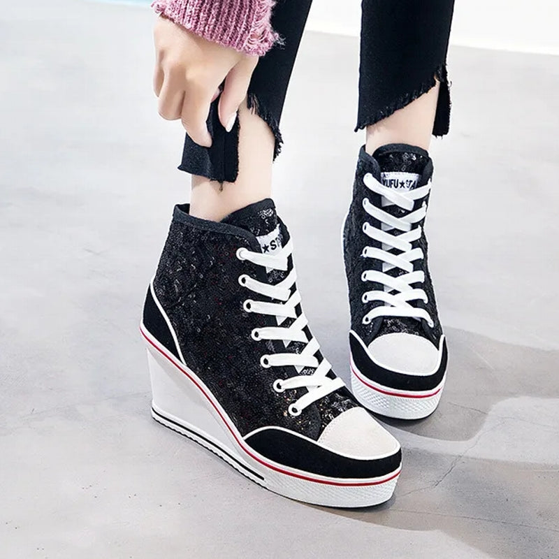 Glitter Sequins High Top Women Height Increasing Wedges Shoes High Heel Sneaker - Tophatter Daily Deals