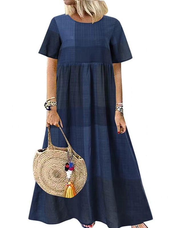 Casual Round Neck Plaid Printed Long Dress Navy Maxi Dresses - Tophatter Daily Deals