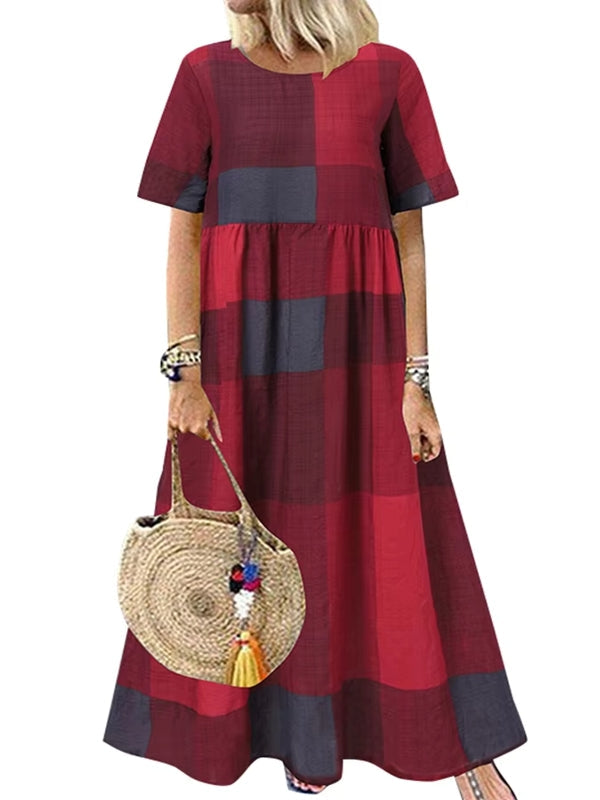 Casual Round Neck Plaid Printed Long Dress Red Maxi Dresses - Tophatter Daily Deals