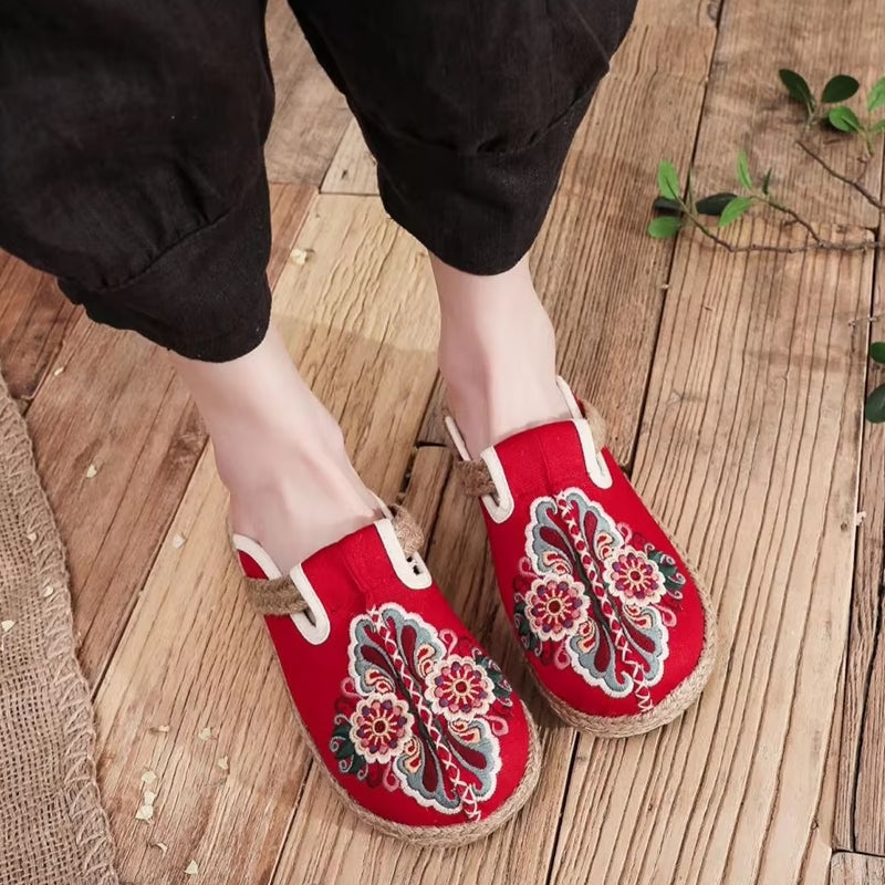 Women Casual Linen Handmade Embroidery Mules Flat Slippers Slippers - Tophatter Daily Deals