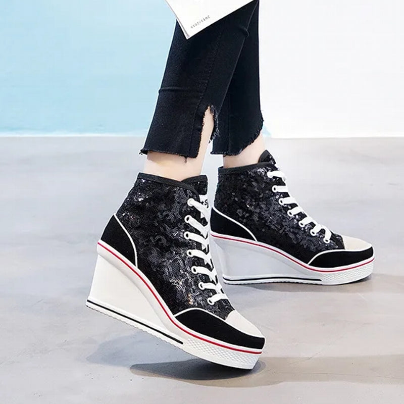 Glitter Sequins High Top Women Height Increasing Wedges Shoes High Heel Sneaker - Tophatter Daily Deals