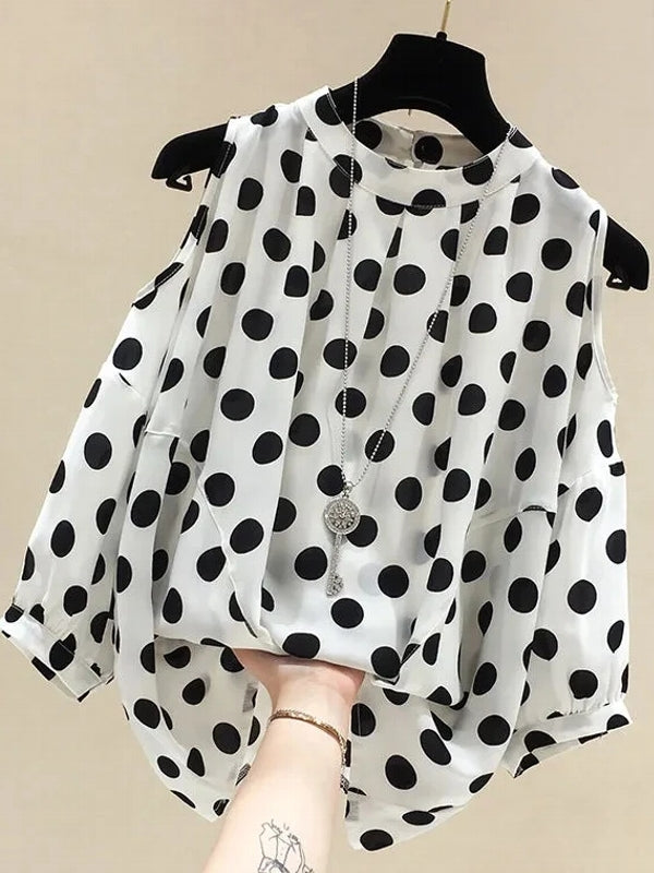 Black Polka Dot Vintage O-Neck Top White Blouses - Tophatter Daily Deals