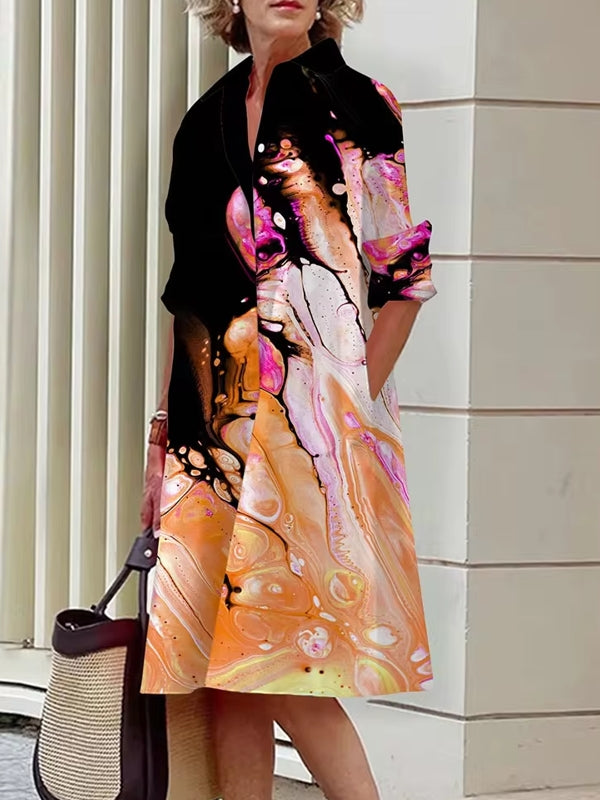 Abstract Print Women's Shirt Dresses Orange Midi Dresses - Tophatter Daily Deals