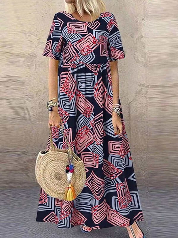 Geometric Printed Dress Robe Bohemian Maxi Long Dresses Red Maxi Dresses - Tophatter Daily Deals