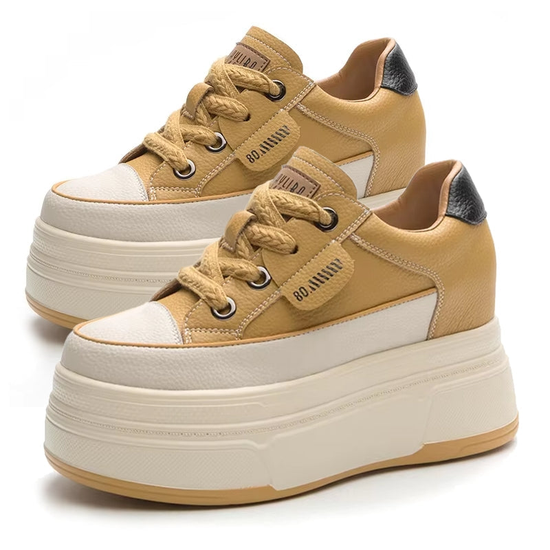 Cow Suede Genuine Leather Platform Shoes 9cm Yellow High Heel Sneaker - Tophatter Daily Deals