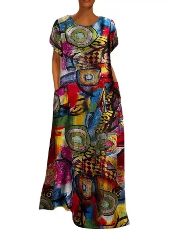 Beautiful Long Short Sleeve Abstract Print Dress Maxi Dresses - Tophatter Daily Deals