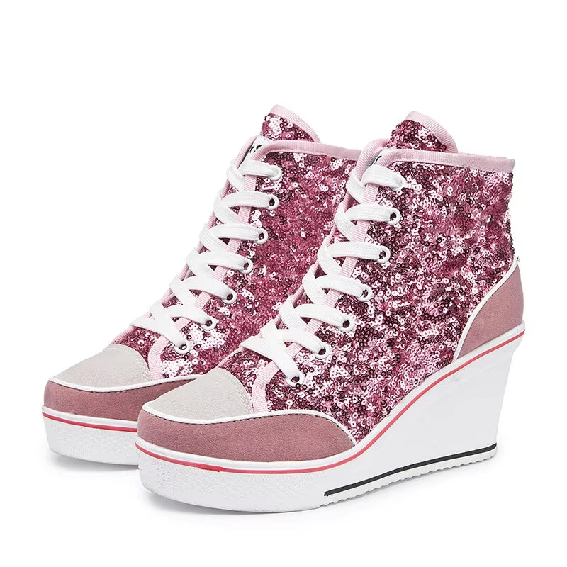 Glitter Sequins High Top Women Height Increasing Wedges Shoes Pink High Heel Sneaker - Tophatter Daily Deals