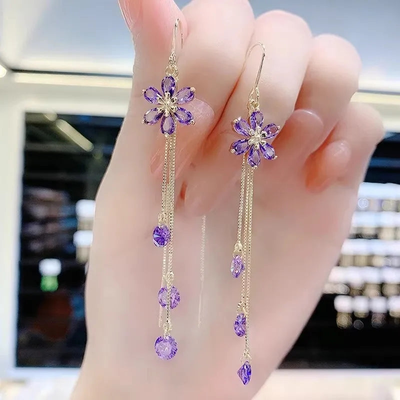Luxury Crystal Long Tassel Ear Line Hanging Earring Violet Earrings - Tophatter Daily Deals