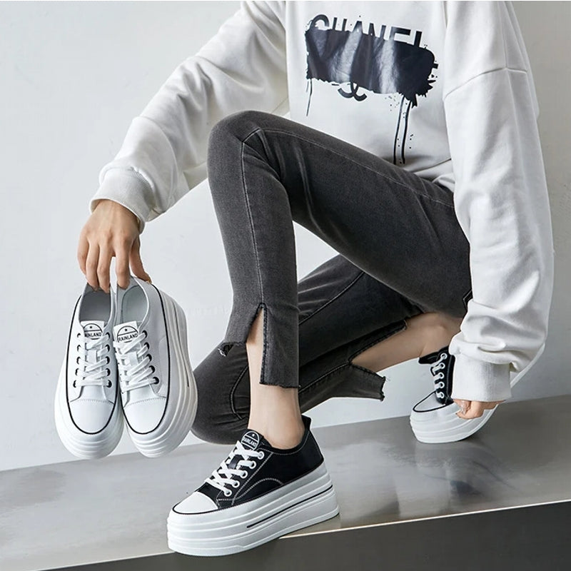 Women Chunky Leather Sneaker Loafer Shoes 8cm High Heel Sneaker - Tophatter Daily Deals