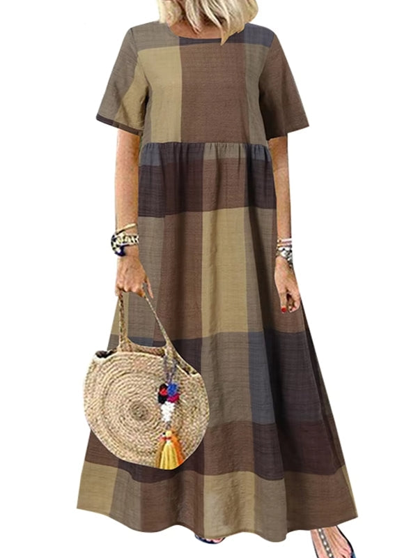 Casual Round Neck Plaid Printed Long Dress Yellow Maxi Dresses - Tophatter Daily Deals