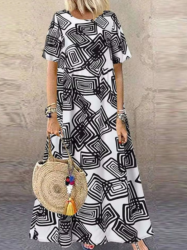 Geometric Printed Dress Robe Bohemian Maxi Long Dresses Black Maxi Dresses - Tophatter Daily Deals