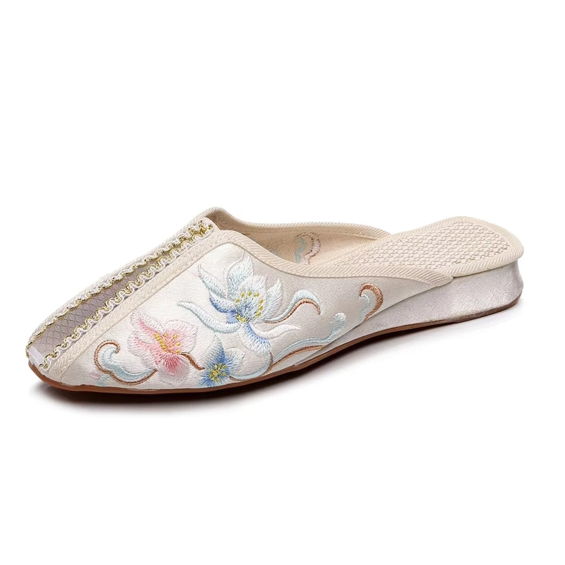 Elegant Women Satin Embroidered Flat Mules Slippers Slippers - Tophatter Daily Deals
