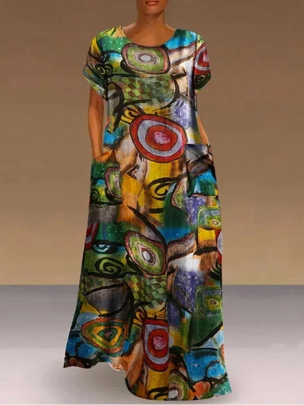 Beautiful Long Short Sleeve Abstract Print Dress Green Maxi Dresses - Tophatter Daily Deals