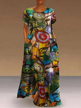 Beautiful Long Short Sleeve Abstract Print Dress Green Maxi Dresses - Tophatter Daily Deals