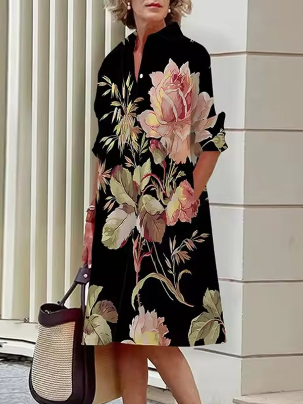 Abstract Print Women's Shirt Dresses Black Midi Dresses - Tophatter Daily Deals