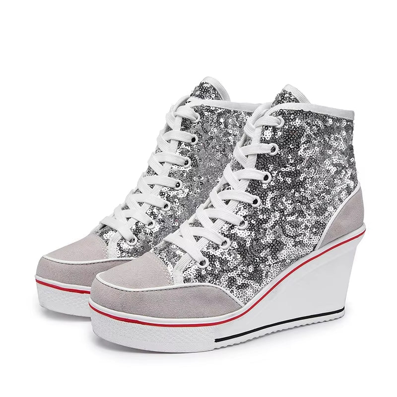 Glitter Sequins High Top Women Height Increasing Wedges Shoes Silver High Heel Sneaker - Tophatter Daily Deals