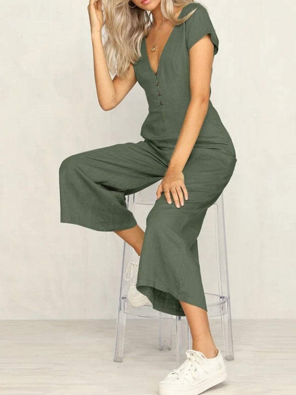 Women's Cotton And Linen Short Sleeve Jumpsuit Jumpsuit - Tophatter Daily Deals