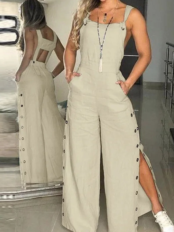 Casual Wide-Leg Jumpsuit with Side Pockets Beige Jumpsuits Pants - Tophatter Daily Deals