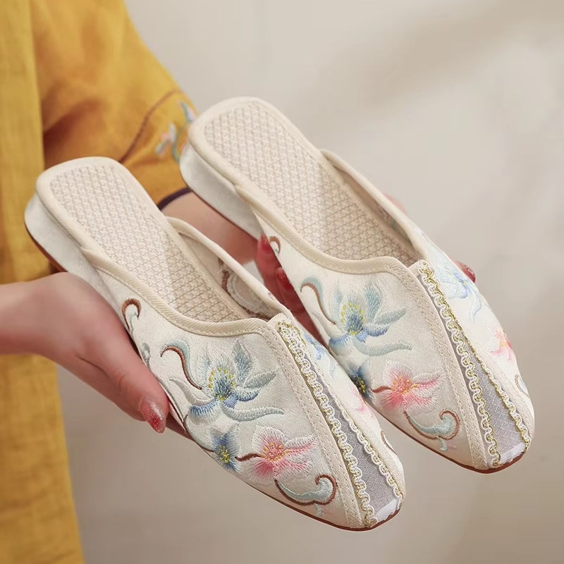 Elegant Women Satin Embroidered Flat Mules Slippers Beige Slippers - Tophatter Daily Deals