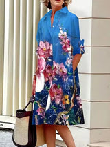 Abstract Print Women's Shirt Dresses Blue Midi Dresses - Tophatter Daily Deals