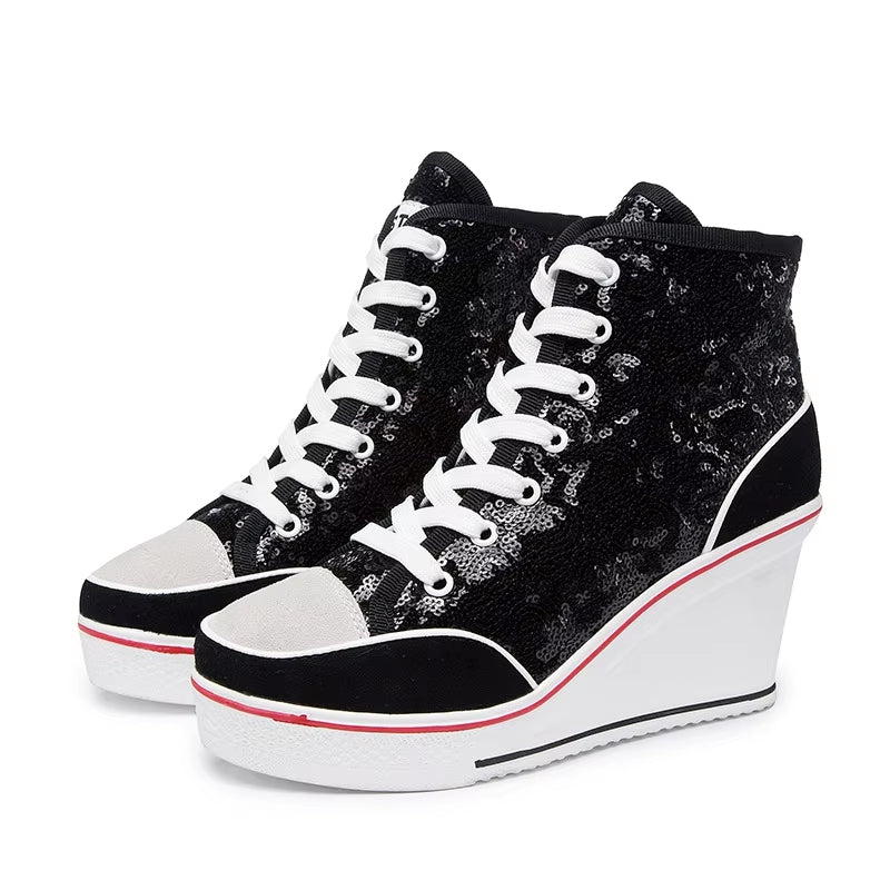 Glitter Sequins High Top Women Height Increasing Wedges Shoes Black High Heel Sneaker - Tophatter Daily Deals