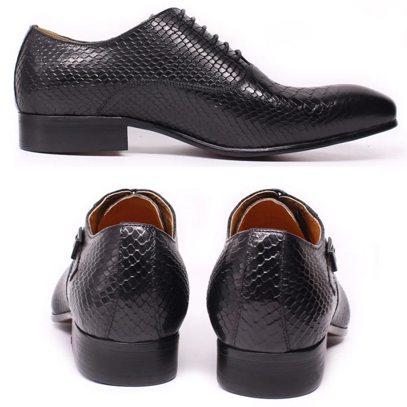 Men Leather Oxford Shoes Snake Skin Print Business Black Leather Shoes - Tophatter Daily Deals