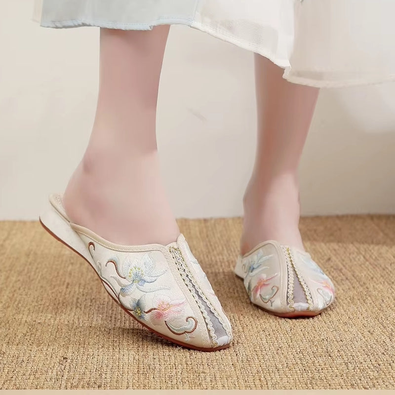 Elegant Women Satin Embroidered Flat Mules Slippers Slippers - Tophatter Daily Deals