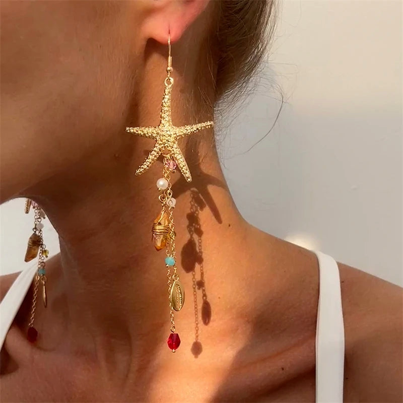 Boho Starfish Scallop Shell Tassel Earrings Earrings - Tophatter Daily Deals