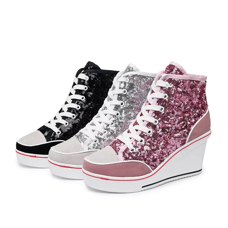 Glitter Sequins High Top Women Height Increasing Wedges Shoes High Heel Sneaker - Tophatter Daily Deals