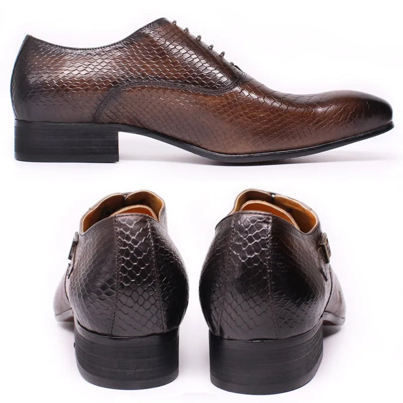 Men Leather Oxford Shoes Snake Skin Print Business Coffee Leather Shoes - Tophatter Daily Deals
