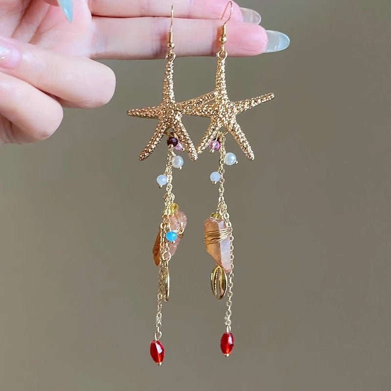 Boho Starfish Scallop Shell Tassel Earrings Earrings - Tophatter Daily Deals