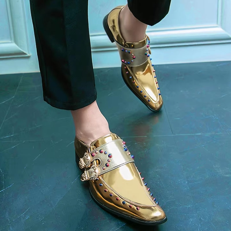 Golden Glitter Leather Rhinestone Men Chelsea Men Dresses Shoes - Tophatter Daily Deals