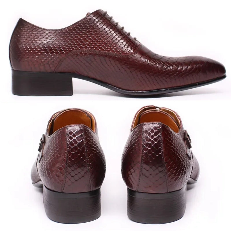 Men Leather Oxford Shoes Snake Skin Print Business Burgundy Leather Shoes - Tophatter Daily Deals