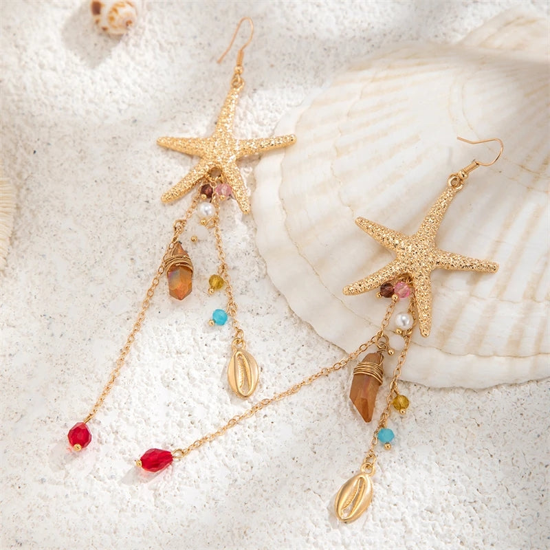 Boho Starfish Scallop Shell Tassel Earrings Earrings - Tophatter Daily Deals