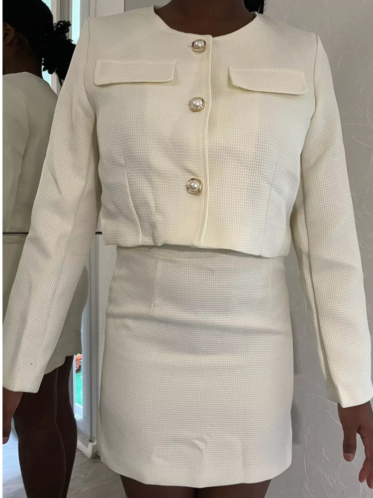 Women Tweed Pearl Buttons Jackets Skirts Work Wear Blazers - Tophatter Daily Deals