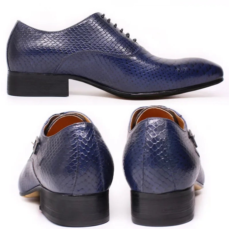 Men Leather Oxford Shoes Snake Skin Print Business Blue Leather Shoes - Tophatter Daily Deals