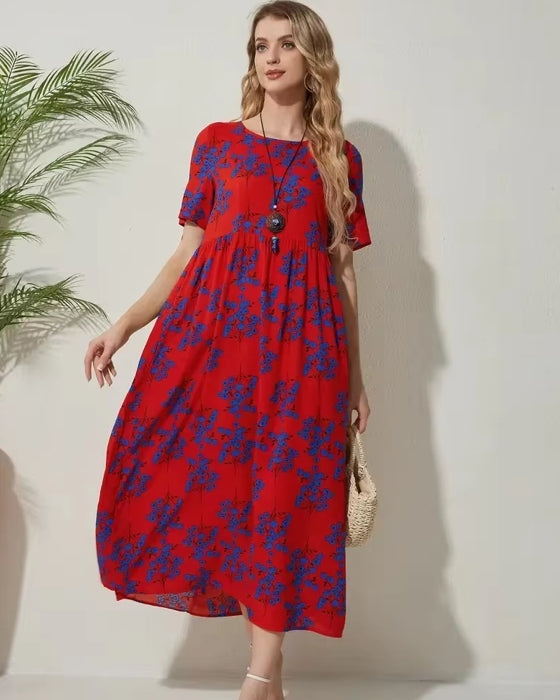 Round Neck Casual Style Floral Dresses Midi Dresses - Tophatter Daily Deals